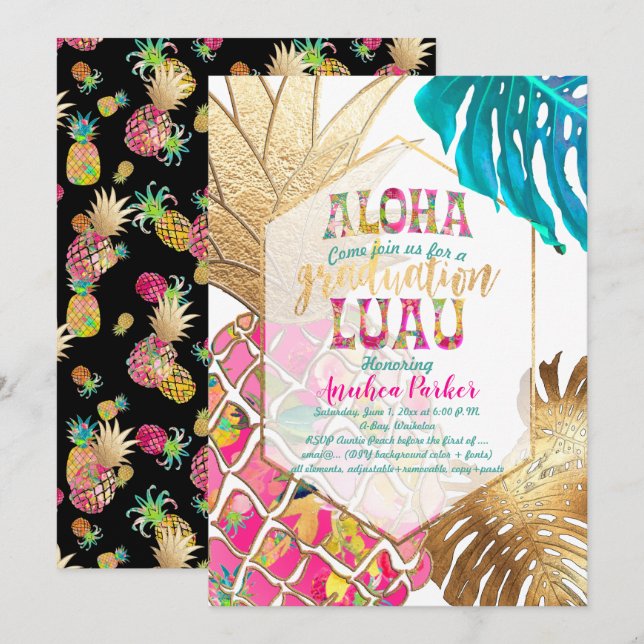 PixDezines Aloha Pineapples/Pink/Graduation Luau Invitation (Front/Back)