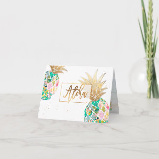 PixDezines Aloha Pineapples, Teal Green Faux Gold Thank You Card