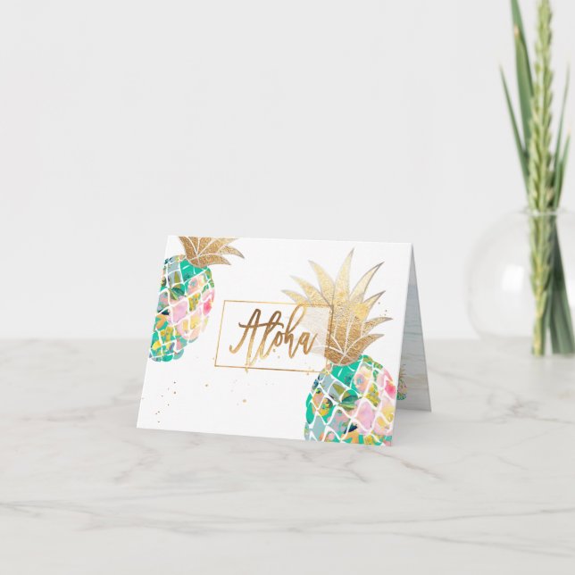 PixDezines Aloha Pineapples, Teal Green Faux Gold Thank You Card (Front)
