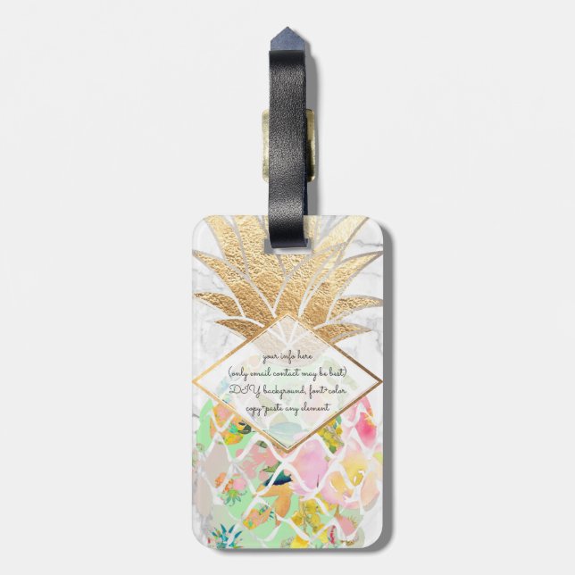 PixDezines Aloha Pineapples+White Marble Luggage Tag (Back Vertical)
