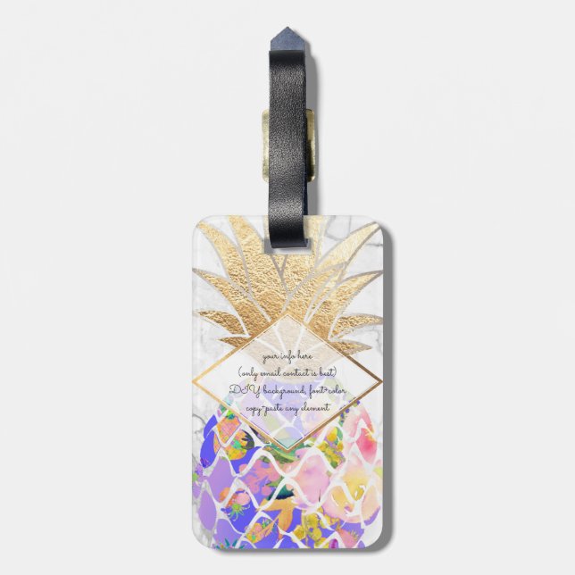 PixDezines Aloha Pineapples+White Marble Luggage Tag (Back Vertical)