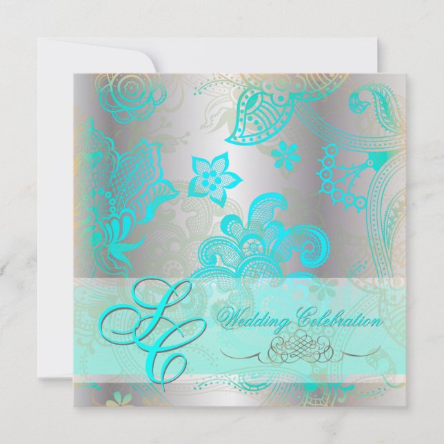 PixDezines aqua blue floral lace+faux silver Invitation (Front)