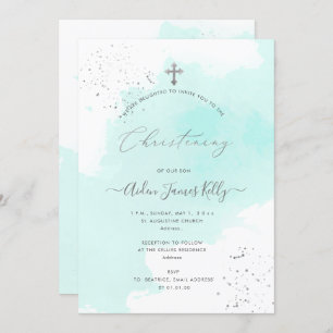 PixDezines Aqua Blue Watercolor Christening Invitation
