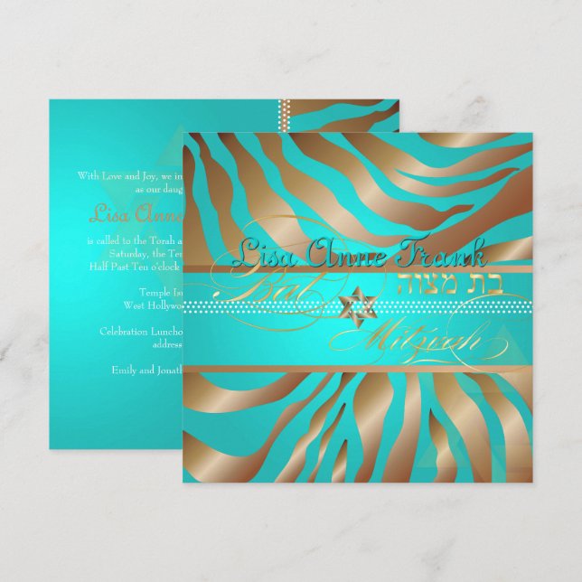 PixDezines Aqua+Tan Zebra Stripes, Bat Mitzvah Invitation (Front/Back)