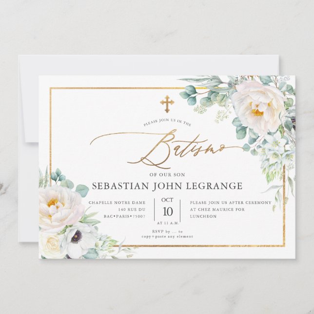 PixDezines AquarelaPeônias Eucalipto Batismo Invitation (Front)
