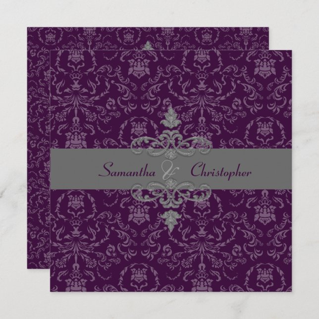 PixDezines Arianna Damask, DIY colour,Plum/Eggplan Invitation (Front/Back)