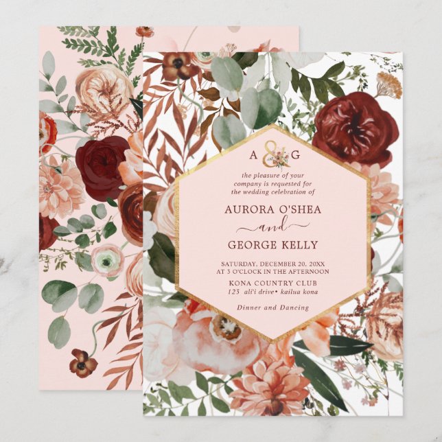 PixDezines Autumn Love H2 Marsala Red Flowers Invi Invitation (Front/Back)