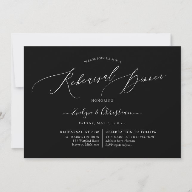 PixDezines B&W Luxe Calligraphy Rehearsal Dinner  Invitation (Front)