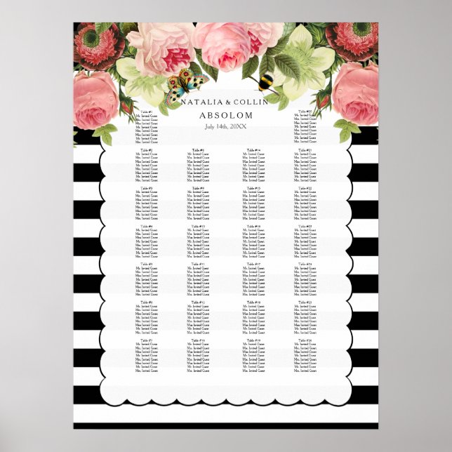 PixDezines b+w stripes+vintage roses/seating chart (Front)