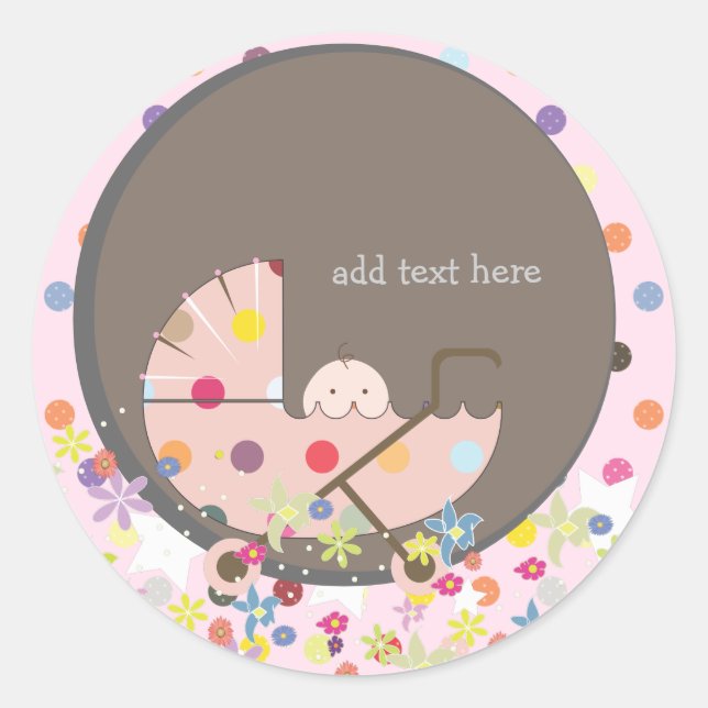 PixDezines Baby in pram. Classic Round Sticker (Front)