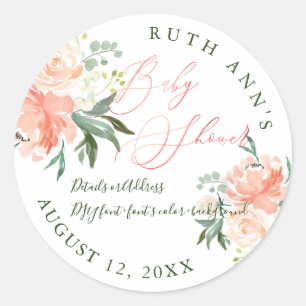 PixDezines Baby Shower, Floral Watercolor, Peach Classic Round Sticker