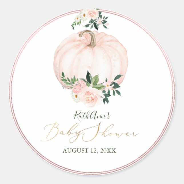 PixDezines Baby Shower Watercolor Pumpkin, Blush Classic Round Sticker (Front)