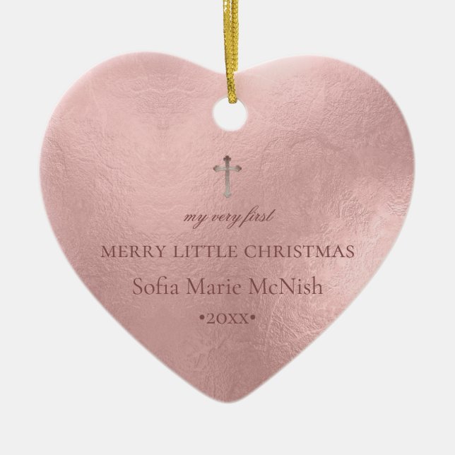 PixDezines Baby's 1st Christmas Photo, Rose Gold Ceramic Tree Decoration (Front)