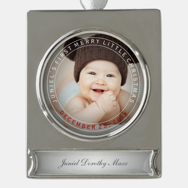 PixDezines Baby's First Christmas Holiday Photo Silver Plated Banner Ornament (Front)