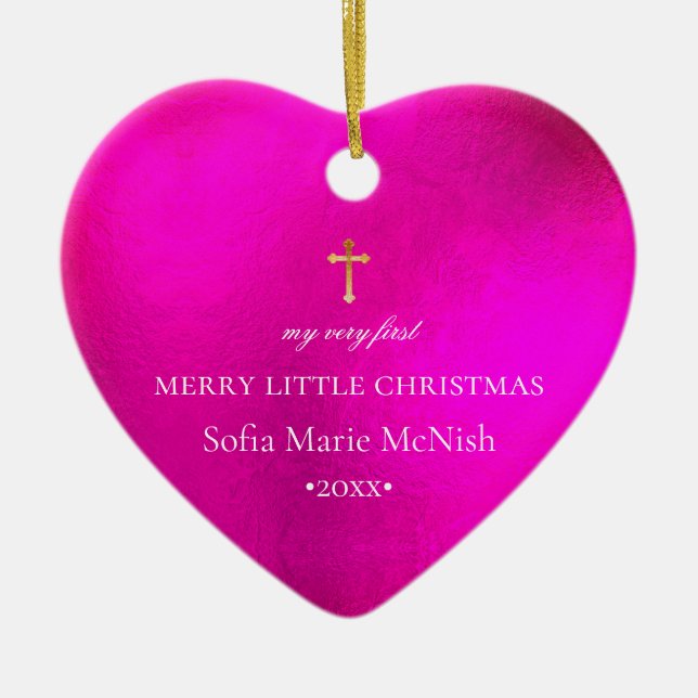 PixDezines Baby's First Christmas, Hot Pink Ceramic Tree Decoration (Front)