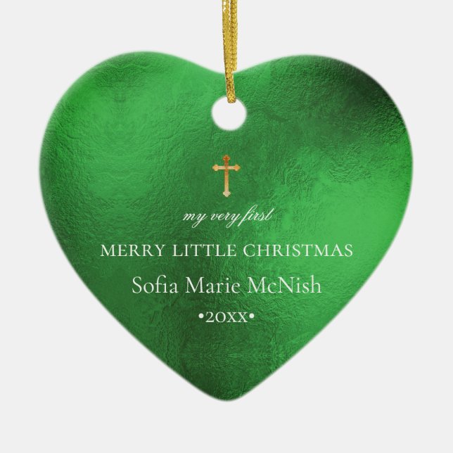 PixDezines Baby's First Christmas Photo, Emerald Ceramic Tree Decoration (Front)