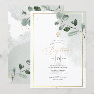 PixDezines Baptême d'Eucalyptus Rustique Aquarelle Invitation