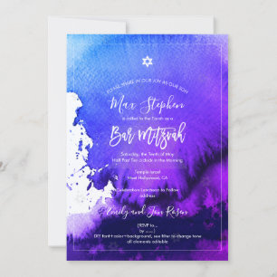 PixDezines Bar Mitzvah  Electric Purple Watercolor Invitation