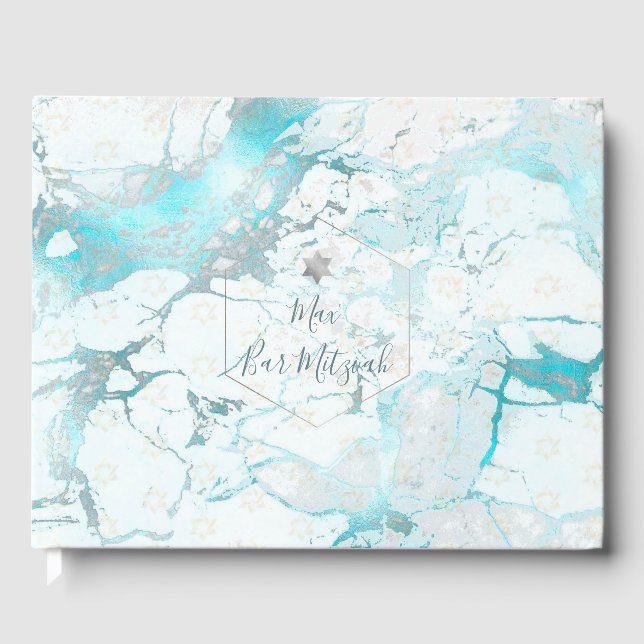 PixDezines Bar Mitzvah, Marble, Aqua+Silver Guest Book (Front)