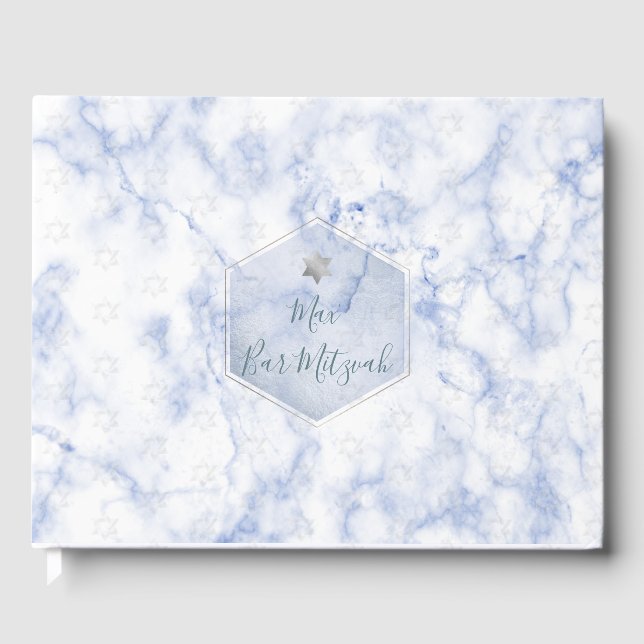 PixDezines Bar Mitzvah, Marble, Blue+Silver Guest Book (Front)
