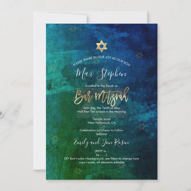 PixDezines Bar Mitzvah Navy+Emerald Watercolor Invitation (Back)
