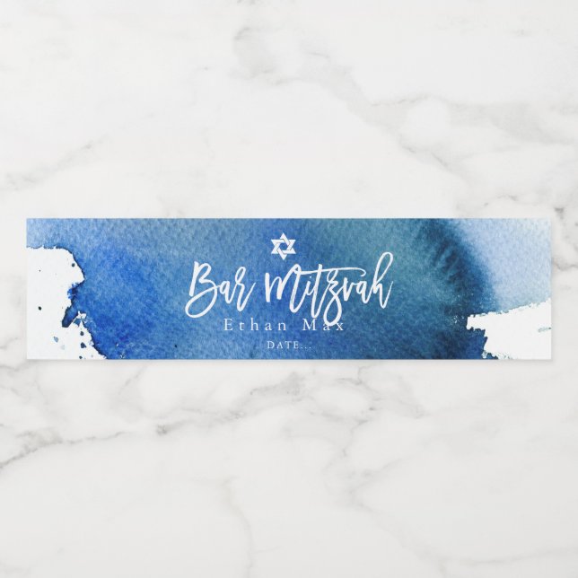 PixDezines Bar Mitzvah, Navy Watercolor Water Bottle Label (Single Label)