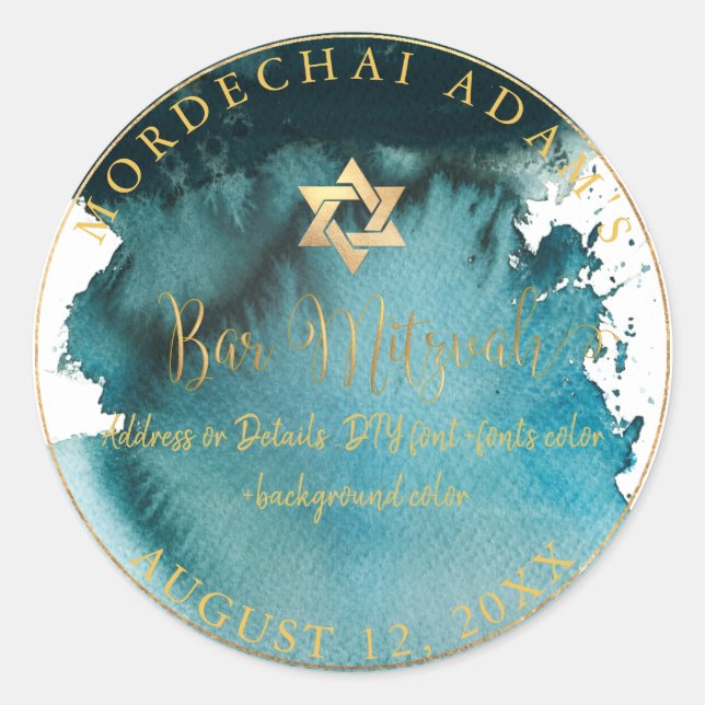 PixDezines Bar Mitzvah Teal Green Watercolor Classic Round Sticker (Front)