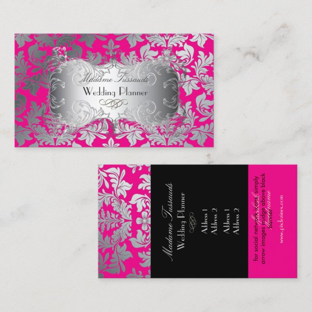 PixDezines baroque damask faux silver/hot pink Business Card (Front/Back)