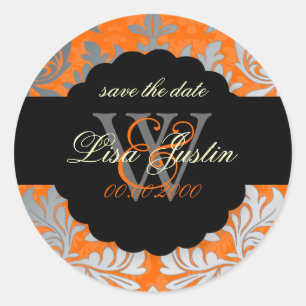 PixDezines Baroque Damask/Faux Silver+Orange Classic Round Sticker