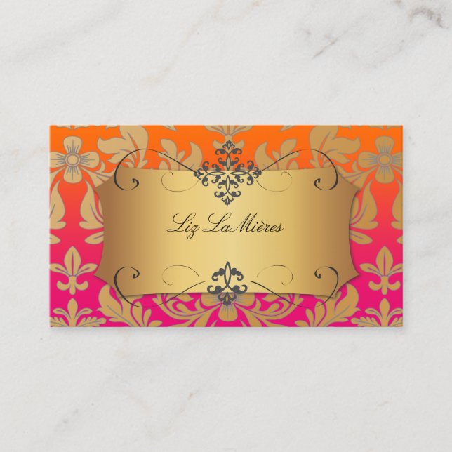 PixDezines Baroque damask/orange+pink Business Card (Front)
