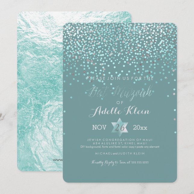 PixDezines Bat Mitzvah/Blue Confetti Invitation (Front/Back)