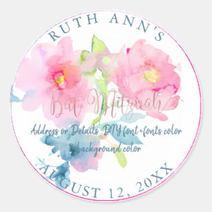PixDezines Bat Mitzvah, Floral Watercolor Classic Round Sticker