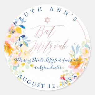 PixDezines Bat Mitzvah, Floral Watercolor, Cream Classic Round Sticker