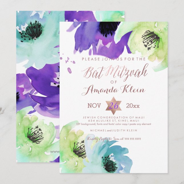 PixDezines ✡ Bat Mitzvah/Floral Watercolor Invitation (Front/Back)