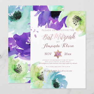 PixDezines ✡ Bat Mitzvah/Floral Watercolor Invitation