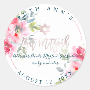 PixDezines Bat Mitzvah, Floral Watercolor, Ombre Classic Round Sticker