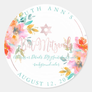 PixDezines Bat Mitzvah, Floral Watercolor, Orange Classic Round Sticker