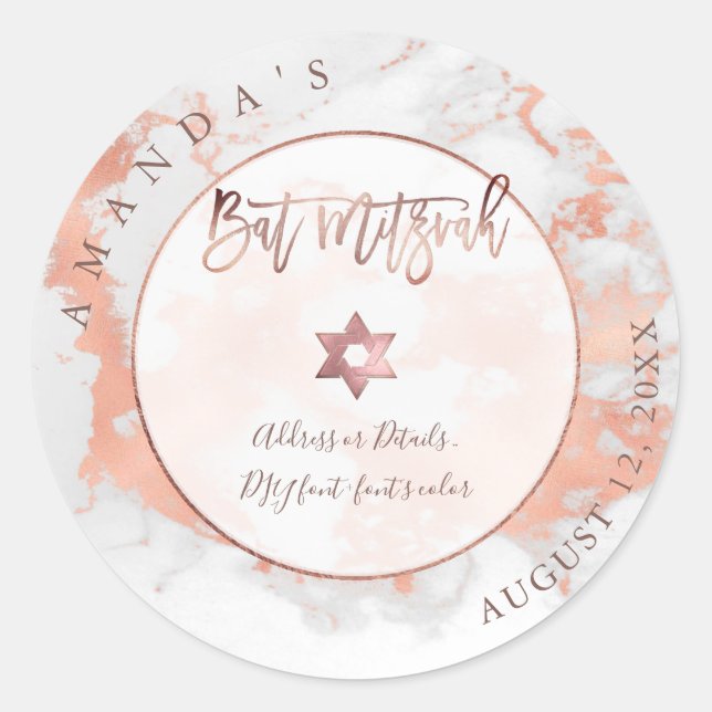 PixDezines Bat Mitzvah Marble Faux Rose Gold Veins Classic Round Sticker (Front)