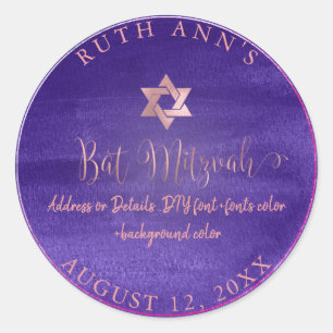 PixDezines Bat Mitzvah, Purple Violet Watercolor Classic Round Sticker
