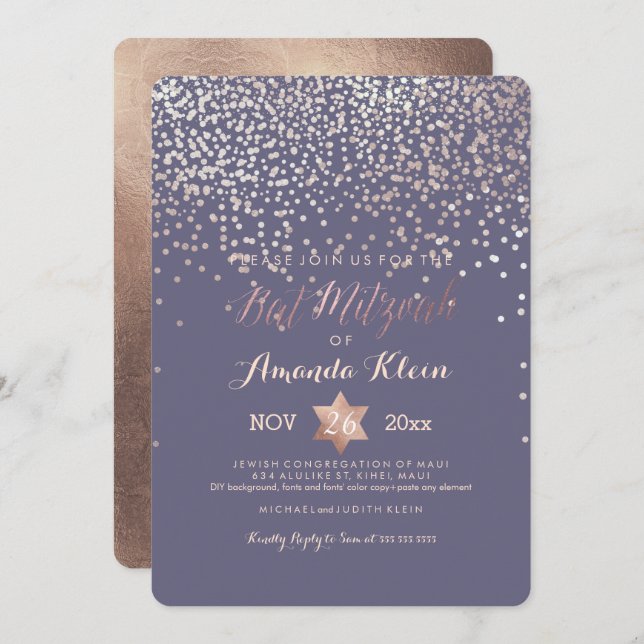 PixDezines Bat Mitzvah/Rose Gold/Confetti Invitation (Front/Back)