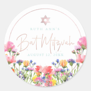 PixDezines Bat Mitzvah, Watercolor Wildflower Classic Round Sticker