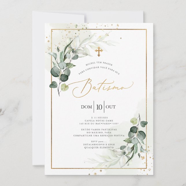 PixDezines Batismo de eucalipto rústico em aquarel Invitation (Front)