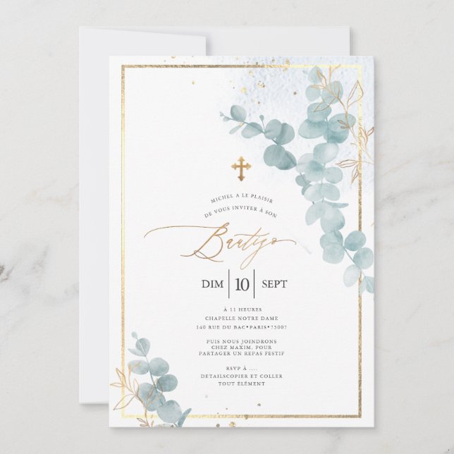 PixDezines Bautizo Eucalipto Rústico Acuarela Invitation (Front)