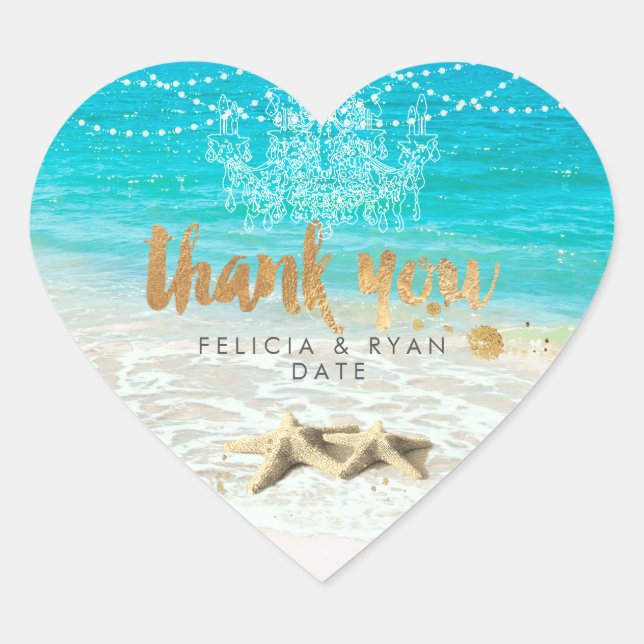 PixDezines beach/lightstrings+chandelier thank you Heart Sticker (Front)