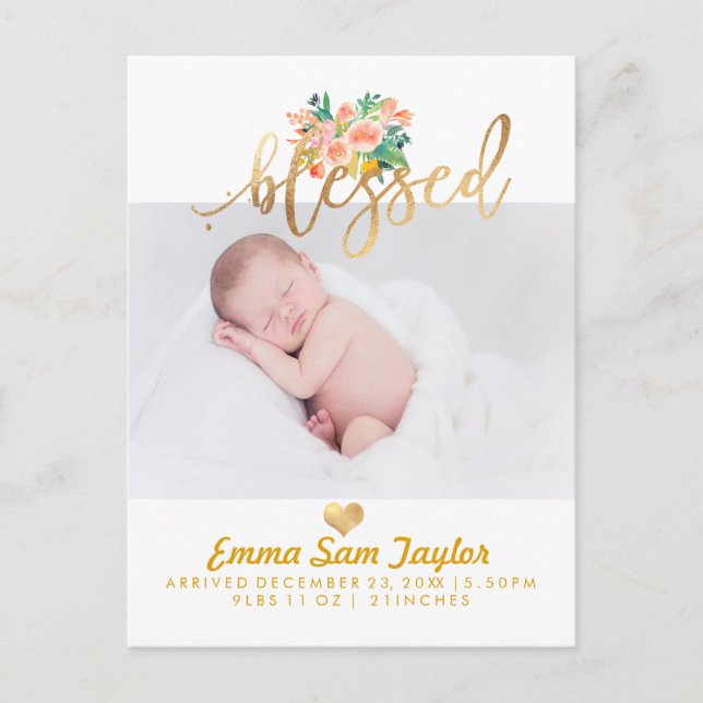 PixDezines Birth Announcement/Floral Watercolor Announcement Postcard (Front)