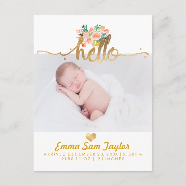 PixDezines Birth Announcement/Floral Watercolor Announcement Postcard (Front)
