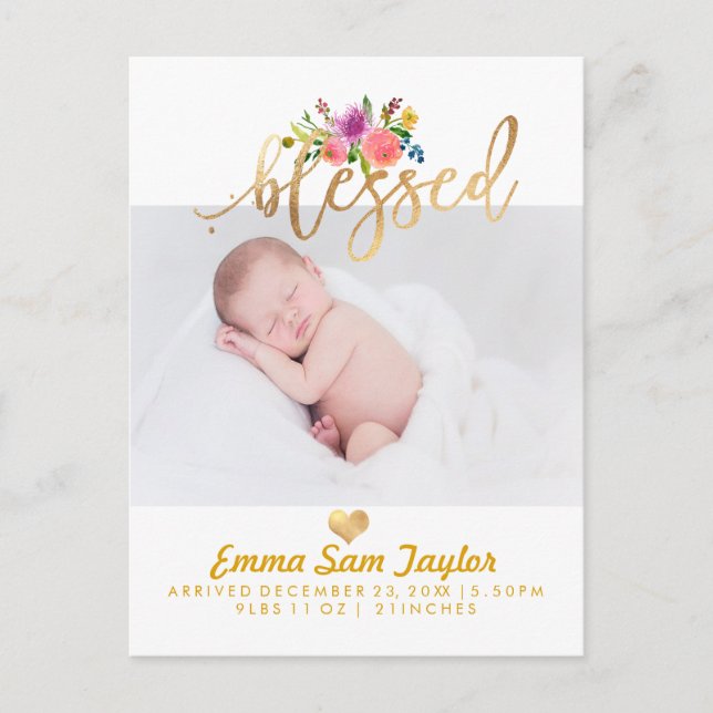PixDezines Birth Announcement/Floral Watercolor Announcement Postcard (Front)