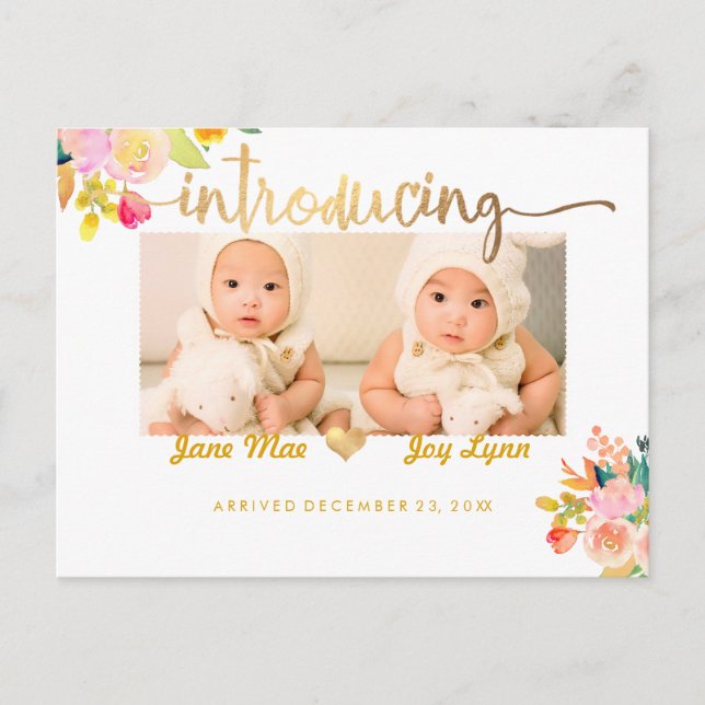 PixDezines Birth Announcement/Floral Watercolor Announcement Postcard (Front)
