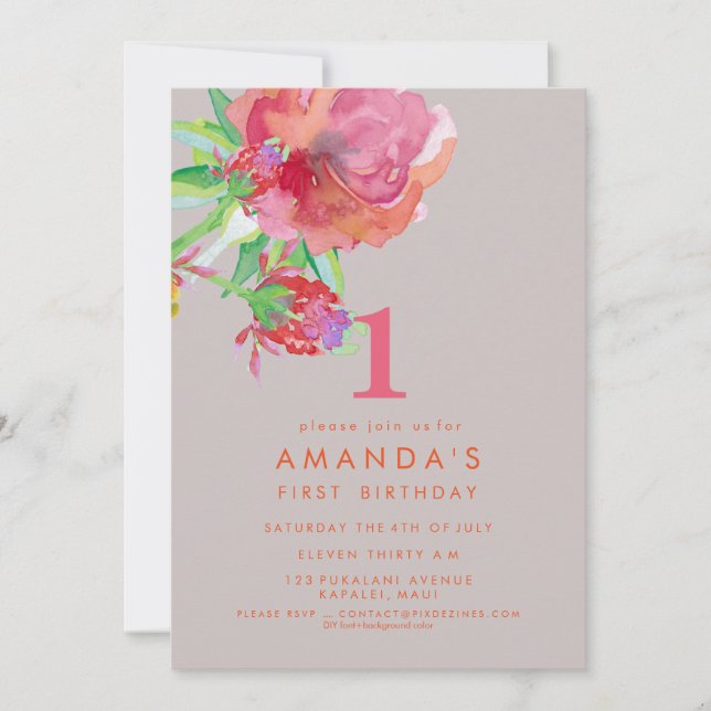 PixDezines Birthday Watercolor Flowers/DIY Colour Invitation (Front)