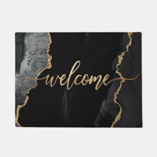 PixDezines BLACK AGATE FAUX GOLD VEINS, WELCOME Doormat